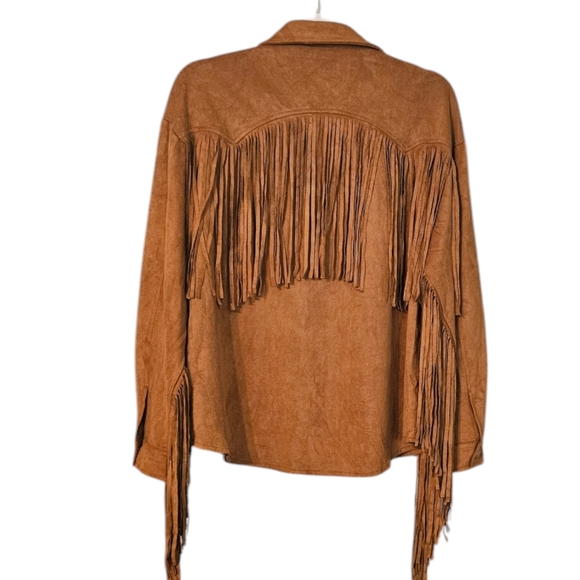 Jodifl Women's Brown Solid Fringed Faux Suede Button Down Size L - Picture 6 of 8